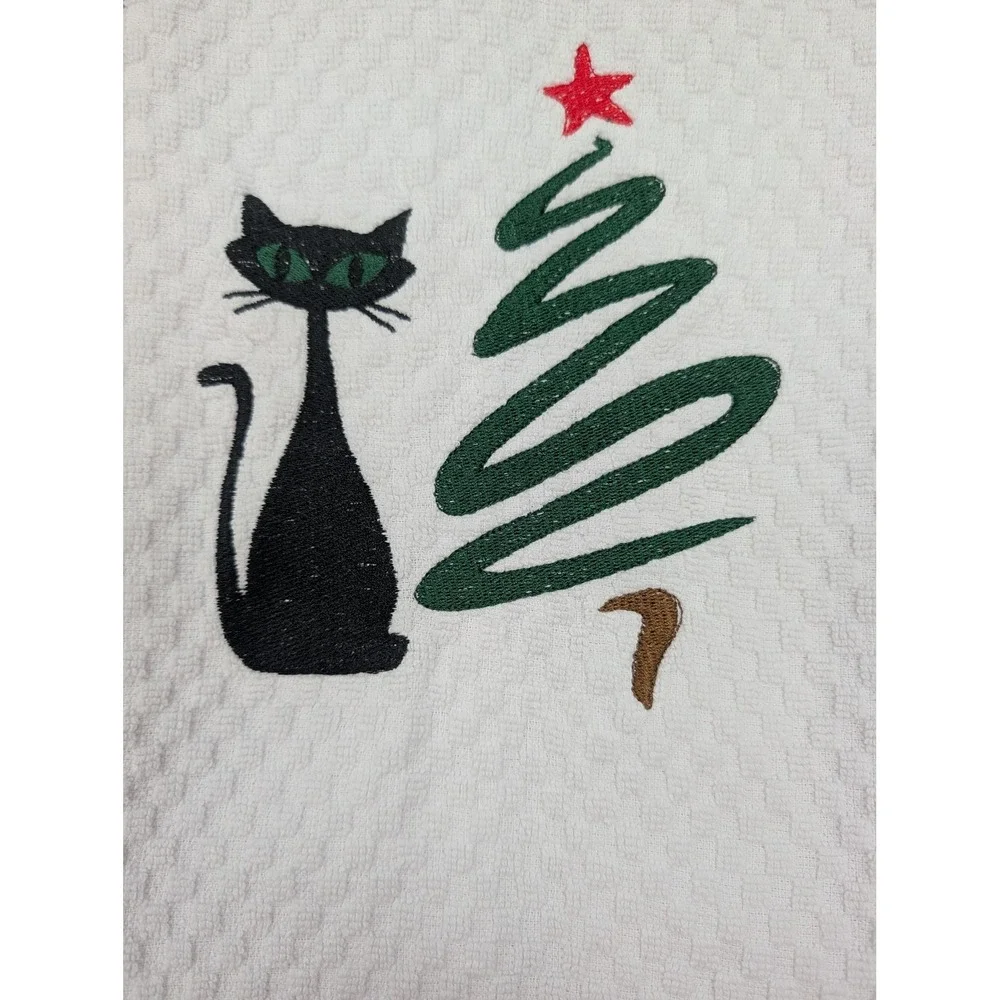 Christmas Swirl Tree Retro Cat Mid Century Modern Atomic Kitchen Bath Hand Towel